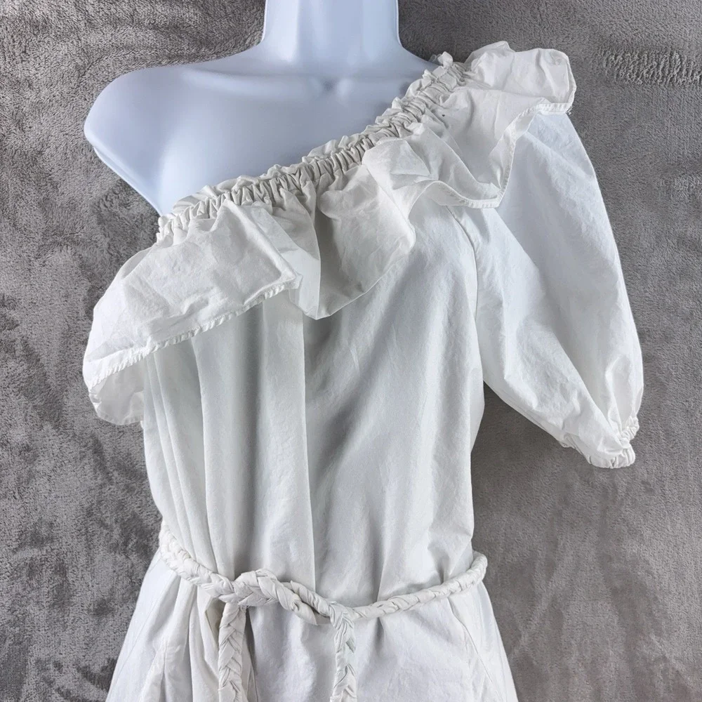 Rhode x Target Poplin One Shoulder Dress Womens‎ Medium White Ruffle Trim Belted